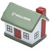 A stress toy shaped like a house, featuring a green roof, red door, and a logo on the front.