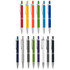 A collection of colourful pens in red, orange, yellow, green, blue, purple, grey, white, and black, with silver accents.