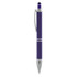 A purple pen with silver accents and a stylus tip, featuring a sleek design and a clip.