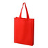 A red non-woven tote bag with two handles and a simple design, featuring a logo.