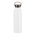 A drink bottle in white with a silver-coloured lid and a handle, featuring a logo.