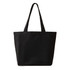A tote bag in black colour with two straps and a simple design. Features branding on one side.