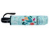 A full colour umbrella with a light blue cover featuring various fruit and vegetable illustrations. It has a black handle and a logo.