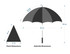 A black umbrella with a grey canopy, featuring dimensions for the umbrella and panel, along with a logo.