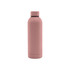 A drink bottle with a rubber-coated finish in a soft pink hue, featuring a double wall and a black lid.