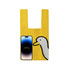 A yellow knitted handbag featuring a duck design and a smartphone alongside. The bag has a logo on it.