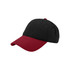 A solid black and red fashion cap featuring a logo on the front. The cap has a curved brim and adjustable strap.