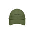 A lightweight cap in olive green with a rounded crown and a curved brim, featuring a logo.