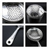 A stainless steel cocktail strainer featuring a long handle and a perforated bowl, displayed from multiple angles.