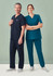 A unisex scrub top in navy and teal, worn by a male and female model, with a stethoscope and casual grey shoes.