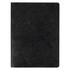 A black notebook with a textured cover and blank pages, featuring a logo on the front.