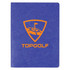A blue notebook with a textured cover featuring an orange logo and branding. It has blank pages inside.