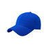 A blue cotton baseball cap with a hard top and a logo on the front.