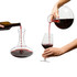 A glass wine decanter with red wine being poured into a glass, featuring a hand holding the bottle.
