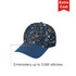 A navy cap featuring a floral pattern and a blue peak, with an area for custom embroidery. It has a logo present.