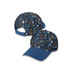 A 5 panel cap featuring a floral pattern in navy blue and orange colours, with a solid blue peak and adjustable strap.