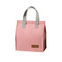 A pink minimalist lunch bag with grey handles and a small logo on the front.