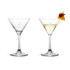 A classic martini glass, featuring a clear, elegant design with a pointed bowl and a sturdy base.