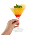 A classic martini glass filled with a gradient drink in orange and red, garnished with a lemon slice and mint.