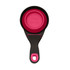 A collapsible pet food scoop in black and pink, featuring a one-cup measurement with a handle.
