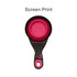 A collapsible pet food scoop in black and pink with a round cup marked for measurements. Features a logo.