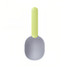 A 2 in 1 pet food scoop with a light green handle and a grey scoop head, featuring a simple design and a logo.