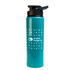 A drink bottle in teal with a black free flow lid and a logo on the side, featuring a dotted design.