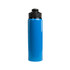 A drink bottle in vibrant blue with a black free flow lid. It has a sleek, glossy finish.