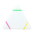 A triangular highlighter with green, pink, and yellow stripes, featuring a white body and a branding logo.