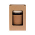 A reusable coffee cup in a cardboard box features a cork band and a white lid, combining natural materials and style.