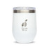 A reusable white coffee cup with a stainless steel lid and a logo on the front.
