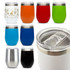 A collection of reusable coffee cups in various colours, including orange, red, green, blue, black, and silver. Each cup features a stainless steel lid.