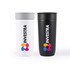 A reusable coffee cup set featuring a white and a black stainless steel design, both with a logo.