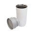 A stainless steel coffee cup with a white exterior and a gray lid, designed for reusable drinkware.