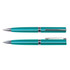 A metal pen set in teal with silver accents, featuring a click mechanism and a cap. Includes two pens.