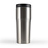 A drink bottle featuring a sleek stainless steel design with a black lid, intended for travel use.