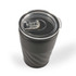A reusable coffee cup with a textured black exterior and a clear, flip-top lid.