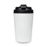 A reusable coffee cup in white with a black lid and a logo, designed for convenient beverage transport.