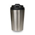 A stainless steel reusable coffee cup with a black lid. It features a sleek, matte finish and a simple design.
