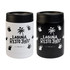 A drink bottle in matte black and matte white, featuring a logo and graphics of beer mugs and palm trees.