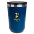 A reusable coffee cup in a dark blue color with a stainless steel lid and a logo on the front.