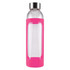 A drink bottle featuring a clear glass body and a vibrant pink silicone sleeve, topped with a stainless steel cap.