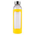 A drink bottle featuring a clear glass body with a bright yellow silicone sleeve and a stainless steel cap.