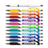 A collection of pens in various colors including white, orange, purple, and blue, featuring a logo on each.