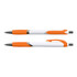A pen featuring a white body with orange accents and a textured grip. The pen has a logo present.