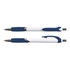 A pen, featuring a white body with navy blue accents and a textured grip. The design includes a clip for convenience.