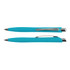 A plastic pen in vibrant turquoise, featuring a sleek design and a silver clip. The pen has a logo visible.
