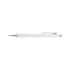 A plastic pen featuring a white body and chrome accents. It includes a clip and a logo on the barrel.