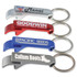 A collection of four metal bottle openers in red, blue, silver, and gray, each with a keyring and branding.