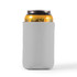 A drink bottle is encased in a light gray stubby cooler, designed to keep beverages cold.